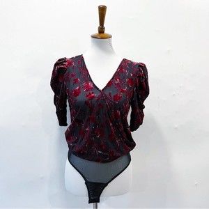 Leith Floral Velvet Burnout Puff Sleeve Bodysuit Medium